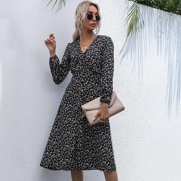 french a-line floral black dress elegant v-neck button ladies frocks casual mid-calf vintage summer full sleeve vestidos dresses, Black;gray
french a-line floral black dress elegant v-neck button ladies frocks casual mid-calf vintage summer full sleeve vestidos dresses, Black;gray