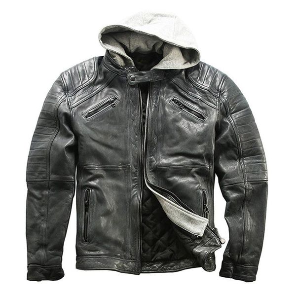 men's leather & faux sheepskin jacket retro water-dyed layer vegetable tanned motorcycle coat, Black
men's leather & faux sheepskin jacket retro water-dyed layer vegetable tanned motorcycle coat, Black