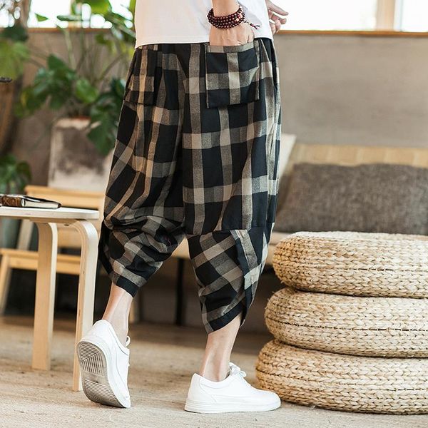 men's pants 2021 summer chinese national style linen plaid print casual calf-length harem large size loose middle waist, Black
men's pants 2021 summer chinese national style linen plaid print casual calf-length harem large size loose middle waist, Black