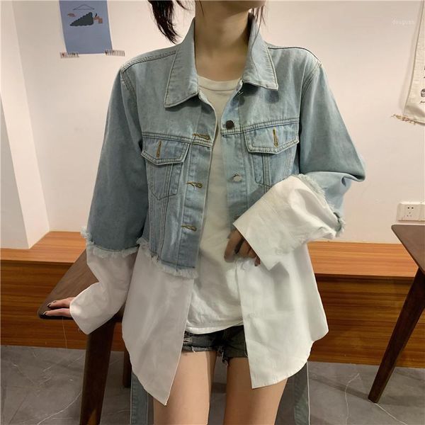 women's jackets autumn blouse patchwork denim jacket 2021 korean streetwear jeans chic style loose coats with belt chamarras de mujer, Black;brown
women's jackets autumn blouse patchwork denim jacket 2021 korean streetwear jeans chic style loose coats with belt chamarras de mujer, Black;brown