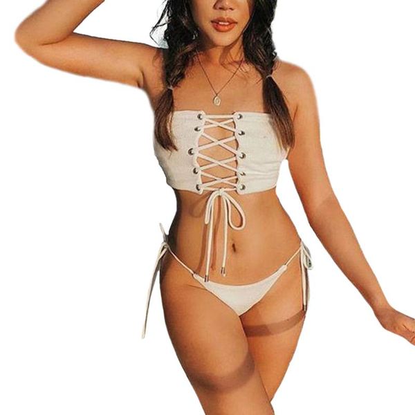 women's swimwear xingqing two piece bikini suits fashion solid color bandage tube and hollow straps low waist thong split set, White;black
women's swimwear xingqing two piece bikini suits fashion solid color bandage tube and hollow straps low waist thong split set, White;black