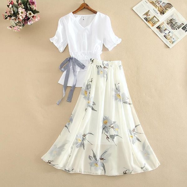 summer office 2 piece women dress set v neck puff sleeve white blouse bow tie shirt flower printed long
summer office 2 piece women dress set v neck puff sleeve white blouse bow tie shirt flower printed long
