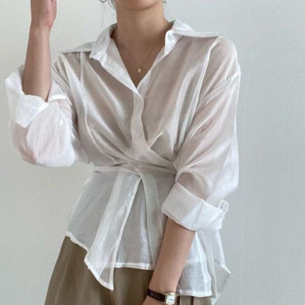 women's polos korean chic summer design sense niche irregular buttoned waist lapel thin long-sleeved shirt women, White
women's polos korean chic summer design sense niche irregular buttoned waist lapel thin long-sleeved shirt women, White