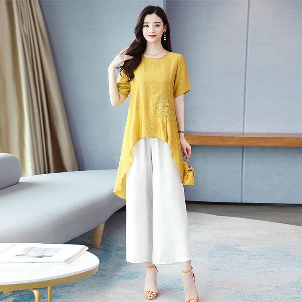 women 2021 summer fashion two piece suits female retro solid color o-neck ladies elastic waist wide-leg pants sets k76 women's, White
women 2021 summer fashion two piece suits female retro solid color o-neck ladies elastic waist wide-leg pants sets k76 women's, White