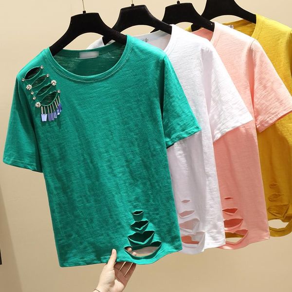 women's t-shirt 2021 summer women cotton solid fashion chic hole beading design o-neck short sleeve casual tshirt tees, White
women's t-shirt 2021 summer women cotton solid fashion chic hole beading design o-neck short sleeve casual tshirt tees, White