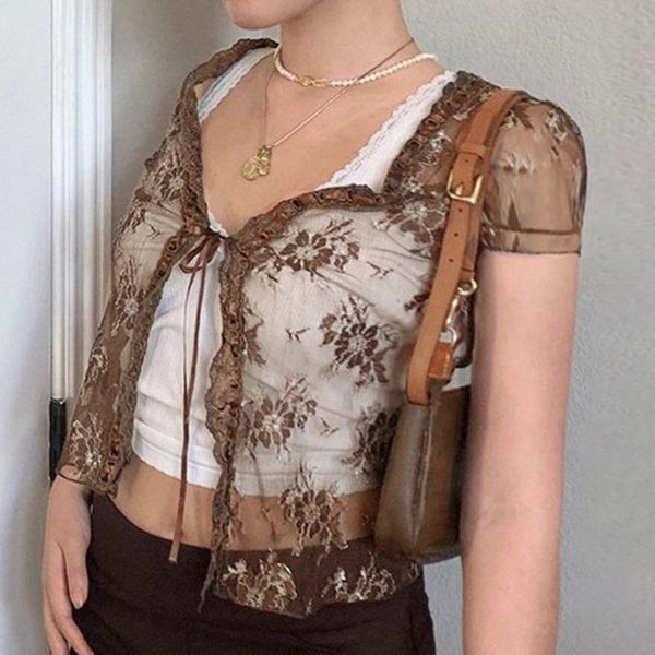 ly cardigan style see-through lace crop outer wear v-neck short-sleeved tie-up for women spring summer do99 women's t-shirt, White
ly cardigan style see-through lace crop outer wear v-neck short-sleeved tie-up for women spring summer do99 women's t-shirt, White