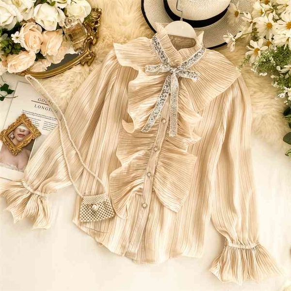 women's spring autumn shirts pleated ruffled stand collar flare sleeve wild shirt patchwork bow lacing blouse ml705 210506, White
women's spring autumn shirts pleated ruffled stand collar flare sleeve wild shirt patchwork bow lacing blouse ml705 210506, White