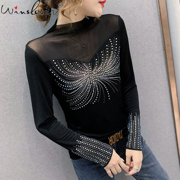women's t-shirt spring summer korean style girls fashion turtleneck mesh patchwork shiny diamonds women tees 2021 t12209, White
women's t-shirt spring summer korean style girls fashion turtleneck mesh patchwork shiny diamonds women tees 2021 t12209, White