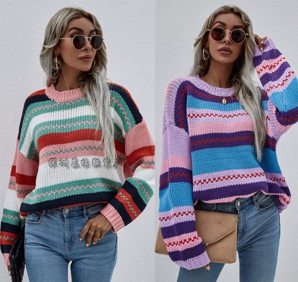 women's sweaters 2021 autumn rainbow color stitching pullover loose striped sweater women clothes korean fashion female casual knitted, White;black
women's sweaters 2021 autumn rainbow color stitching pullover loose striped sweater women clothes korean fashion female casual knitted, White;black