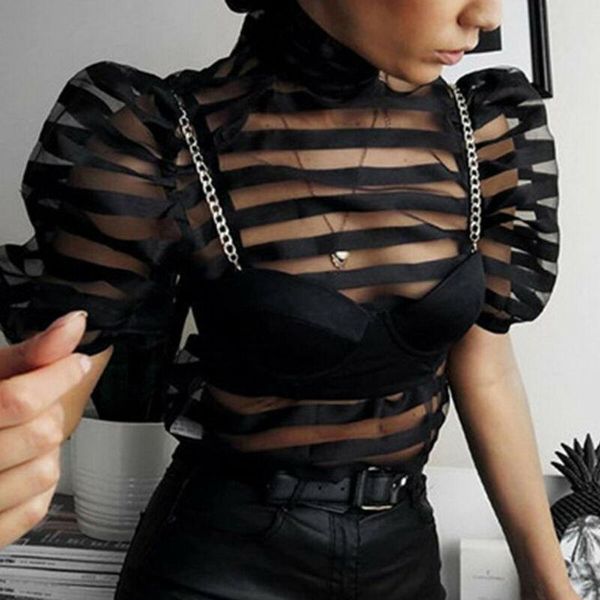 women's blouses & shirts women mesh perspective stripes short puff sleeves turtle neck ladies big bow blouse clubwear, White
women's blouses & shirts women mesh perspective stripes short puff sleeves turtle neck ladies big bow blouse clubwear, White