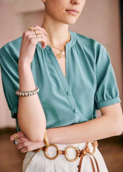 shirt turquoise 100% silk short-sleeved single-breasted sand-washed blouse lbt3, White 
shirt turquoise 100% silk short-sleeved single-breasted sand-washed blouse lbt3, White