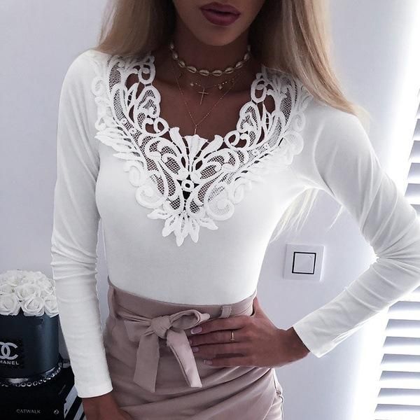 women's t-shirt spring summer solid long sleeve shirt hollow lace stitching v-neck pullover casual plus size, White
women's t-shirt spring summer solid long sleeve shirt hollow lace stitching v-neck pullover casual plus size, White