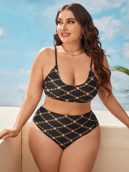 plus floral print high waisted bikini swimsuit r0fr#, Black 
plus floral print high waisted bikini swimsuit r0fr#, Black