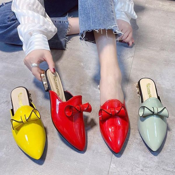 roll-up bow-knot slippers women japanned leather pointed toe slides chunky low heels flipflops outdoor pearl rivets mules shoes, Black
roll-up bow-knot slippers women japanned leather pointed toe slides chunky low heels flipflops outdoor pearl rivets mules shoes, Black