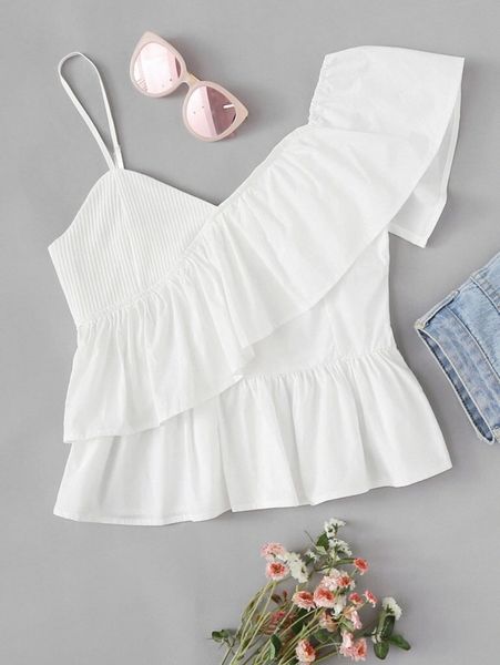 ruffled asymmetrical peplum n7ed#, White 
ruffled asymmetrical peplum n7ed#, White
