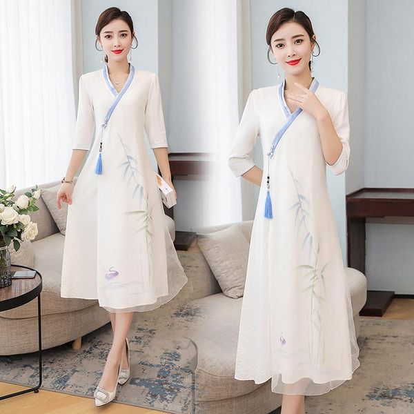 party dresses chinese style retro hanfu dress elegant printed v-neck women long half sleeve summer white vestidos, White;black
party dresses chinese style retro hanfu dress elegant printed v-neck women long half sleeve summer white vestidos, White;black