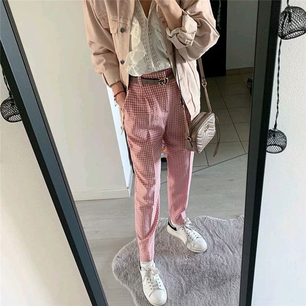 women sweet pink plaid straight pleated pants pockets design casual ankle length zipper fly chic pants trousers mujer 210430, Black;white
women sweet pink plaid straight pleated pants pockets design casual ankle length zipper fly chic pants trousers mujer 210430, Black;white