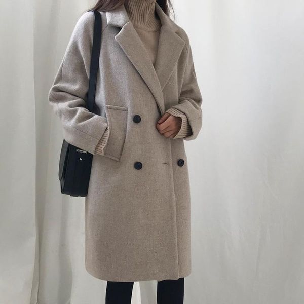 women's wool & blends fashion casual woolen coat double breasted turn down collar long overcoat, Black
women's wool & blends fashion casual woolen coat double breasted turn down collar long overcoat, Black