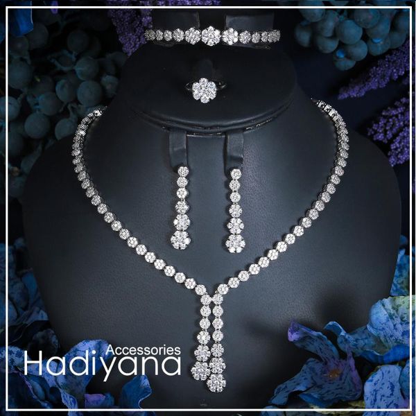 earrings & necklace hadiyana fashion engagement party 4pc jewelry sets with white full zircon tassel design bridal acessories set cn022, Silver 
earrings & necklace hadiyana fashion engagement party 4pc jewelry sets with white full zircon tassel design bridal acessories set cn022, Silver