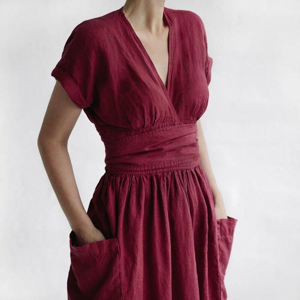 casual dresses fashion women's solid colors cotton linen short sleeve lace-up v-neck pocket vacation swing elegant dress vestidos, Black;gray
casual dresses fashion women's solid colors cotton linen short sleeve lace-up v-neck pocket vacation swing elegant dress vestidos, Black;gray