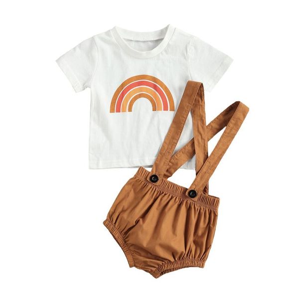 pcs born summer outfits baby girls rainbow print short sleeves round neck t-shirt + solid color suspender pants clothing sets, White
pcs born summer outfits baby girls rainbow print short sleeves round neck t-shirt + solid color suspender pants clothing sets, White