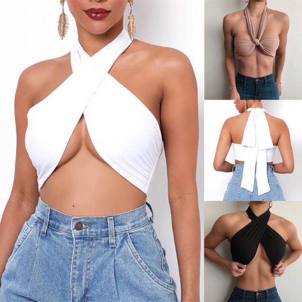 women's t-shirt summer ladies cross-cut hollow halter neck sleeveless bandage vest wear with many variations, White
women's t-shirt summer ladies cross-cut hollow halter neck sleeveless bandage vest wear with many variations, White