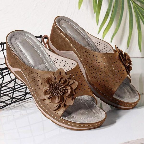 summer trendy women open toe wedge sandals shoes flower slippers fashion beach, Black