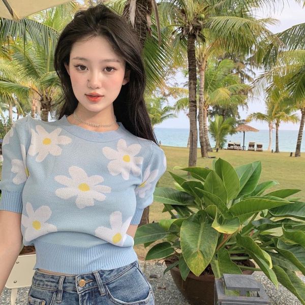 women's t-shirt knitted crop floral summer style clothing vintage sweet tees o-neck korean fashion clothes slim t shirts, White
women's t-shirt knitted crop floral summer style clothing vintage sweet tees o-neck korean fashion clothes slim t shirts, White