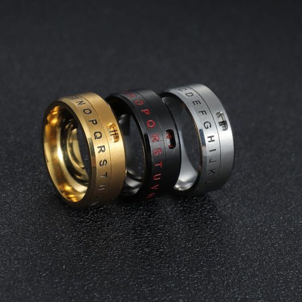 cluster rings fashion retro punk hip hop 26 english letters rotatable stainless steel men and women couple ring jewelry birthday gift, Golden;silver