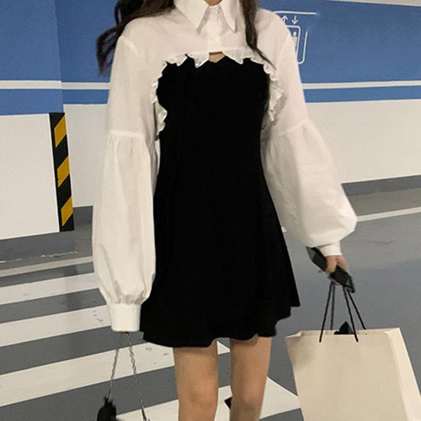 two piece sets dress shirt collar autumn style japanese girl sweet hepburn french retro and salty black slim casual dresses, Black;gray
two piece sets dress shirt collar autumn style japanese girl sweet hepburn french retro and salty black slim casual dresses, Black;gray