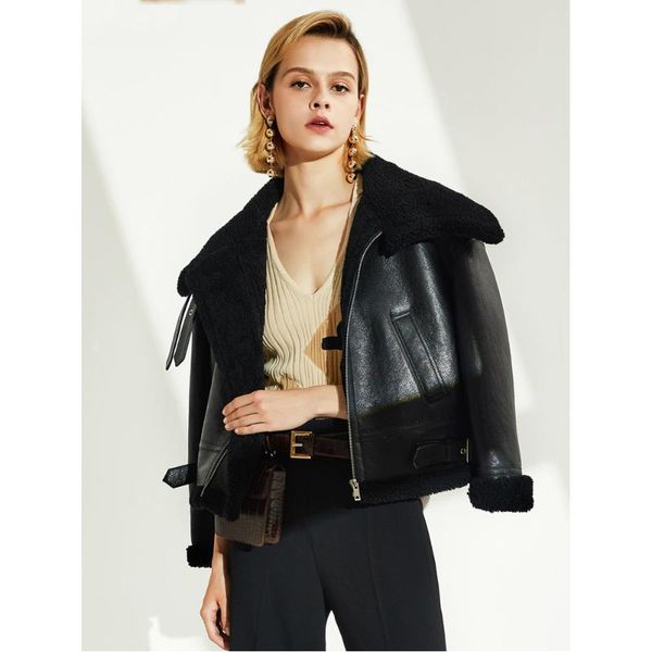 women's leather & faux denny& winter warm short slim shearling jacket, Black
women's leather & faux denny& winter warm short slim shearling jacket, Black