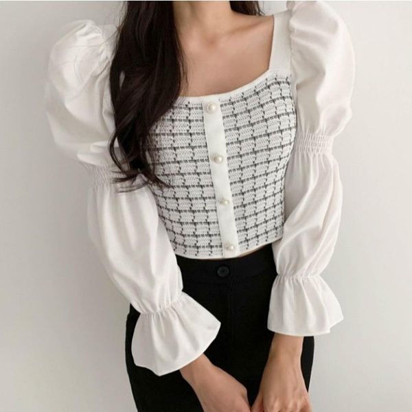 women's blouses & shirts korean chic sweet peral buttons pullover blouse square collar puff sleeve slim crop fall 2021 stylish vintage, White
women's blouses & shirts korean chic sweet peral buttons pullover blouse square collar puff sleeve slim crop fall 2021 stylish vintage, White