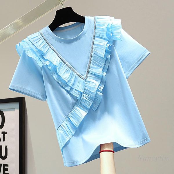 women's t-shirt exquisite rhinestone short sleeve tshirt women 2021 summer korean style ruffled patch solid color casual t-shirts fashi, White
women's t-shirt exquisite rhinestone short sleeve tshirt women 2021 summer korean style ruffled patch solid color casual t-shirts fashi, White