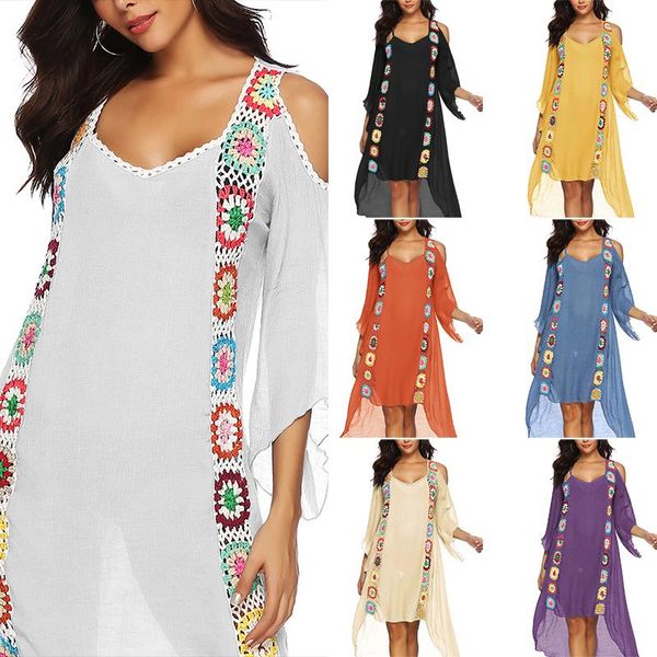 women cold shoulder bathing suit beachwear crochet long cover up dress women's swimwear, White;black
women cold shoulder bathing suit beachwear crochet long cover up dress women's swimwear, White;black