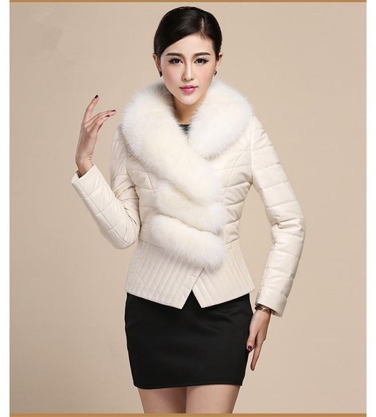 women's leather & faux down cotton white female coat autumn and winter jacket women large fur collar parkas chaqueta mujer kj538, Black
women's leather & faux down cotton white female coat autumn and winter jacket women large fur collar parkas chaqueta mujer kj538, Black