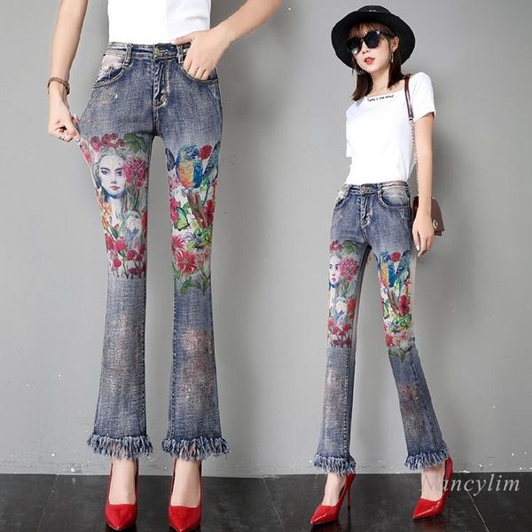 women's jeans 2021 spring and autumn korean-style heavy-duty printing slim fit bell-bottoms frayed tassel denim pants, Blue
women's jeans 2021 spring and autumn korean-style heavy-duty printing slim fit bell-bottoms frayed tassel denim pants, Blue
