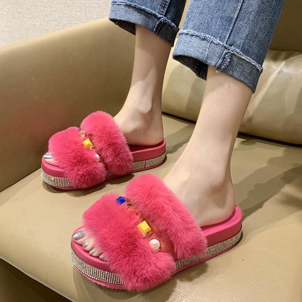 soft plush platform slippers women shiny crystal furry slides for woman outdoor fashion decoration flat heel shoes lady, Black 
soft plush platform slippers women shiny crystal furry slides for woman outdoor fashion decoration flat heel shoes lady, Black