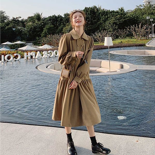 early 2021 khaki doll neck sleeve women's spring and autumn drs large temperament long skirt, Black;gray
early 2021 khaki doll neck sleeve women's spring and autumn drs large temperament long skirt, Black;gray