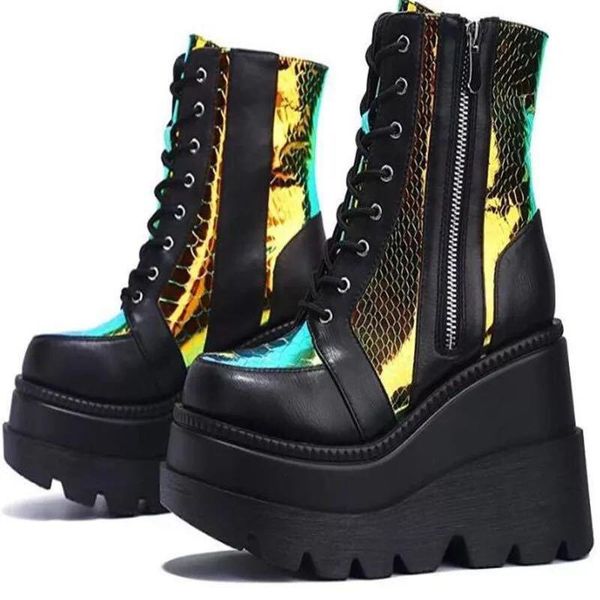boots 2021 winter sequin thick bottom slope heel women's large, Black
