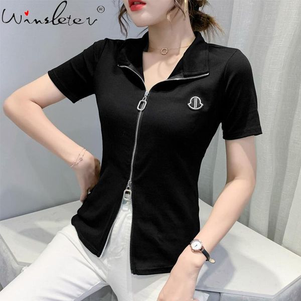 women's t-shirt summer european clothes cotton solid fashion zipper women short sleeve black white casual tees 2021 t15505a
women's t-shirt summer european clothes cotton solid fashion zipper women short sleeve black white casual tees 2021 t15505a