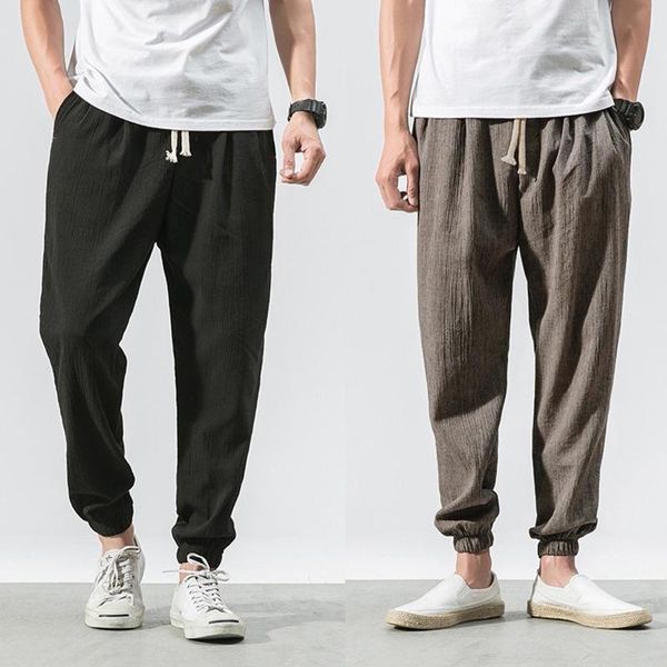 men's pants streetwear casual joggers slim sports ankle-length linen trousers baggy harem sweatpants, Black