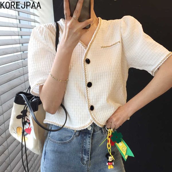 korejpaa women shirt summer korean chic retro v-neck bordered webbing contrast color three-button short-sleeved blouses 210526, White
korejpaa women shirt summer korean chic retro v-neck bordered webbing contrast color three-button short-sleeved blouses 210526, White