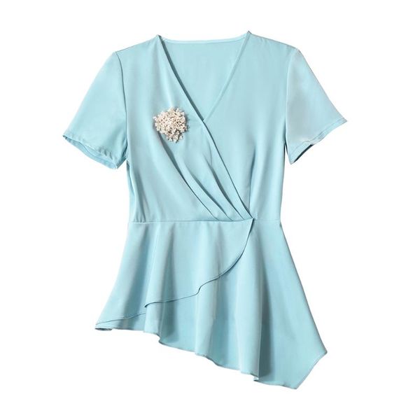 women's blouses & shirts 2021 summer woman elegant solid color slim irregular skirt hem beaded brooch chiffon shirt, White
women's blouses & shirts 2021 summer woman elegant solid color slim irregular skirt hem beaded brooch chiffon shirt, White