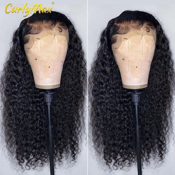 curlymax deep wave 180 250 density hd transparent lace front human hair wig pre plucked brazilian remy curly frontal wigs for w, Black;brown