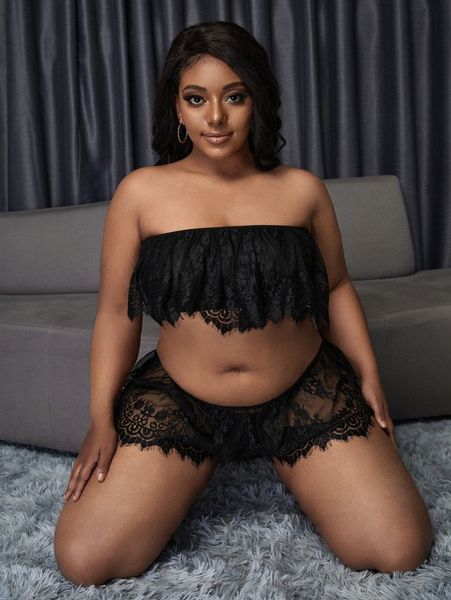 plus ruffle eyelash lace lingerie set h8zy#, Black;white