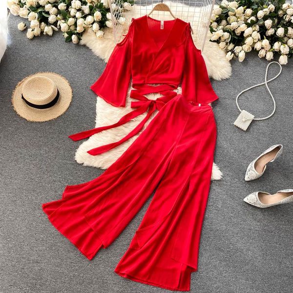 women's two piece pants women white/red 2pcs set summer v-neck hollow out bandage + high waist split vintage female suit 2021
women's two piece pants women white/red 2pcs set summer v-neck hollow out bandage + high waist split vintage female suit 2021