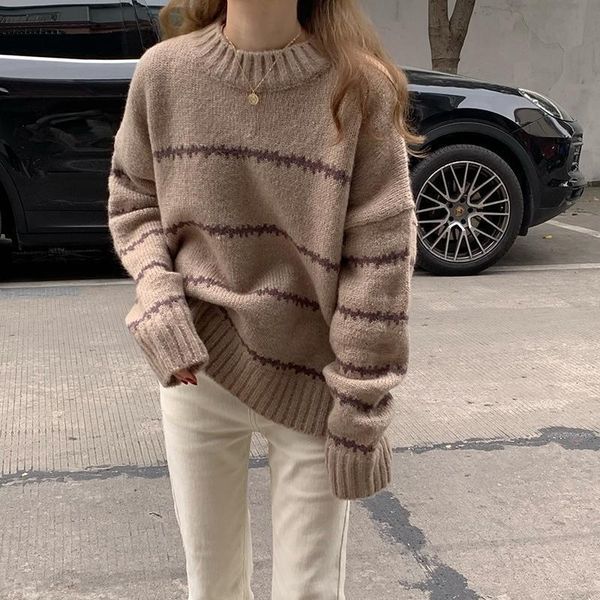 women's sweaters knitted striped sweater loose outer wear 2021 autumn winter fashion versatile foreign style lazy wm*, White;black
women's sweaters knitted striped sweater loose outer wear 2021 autumn winter fashion versatile foreign style lazy wm*, White;black