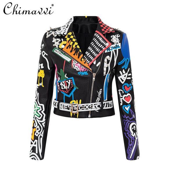 women's leather & faux punk graffiti pu coat women 2021 slim fit fashion printed contrast color motorcycle female trendy, Black
women's leather & faux punk graffiti pu coat women 2021 slim fit fashion printed contrast color motorcycle female trendy, Black