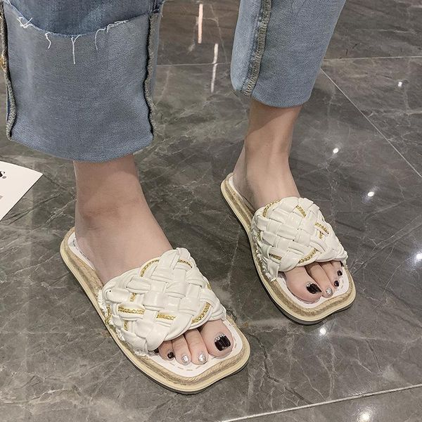 slippers women fashion sandals summer 2021 leisure sweet flat woven muffin metal chain house, Black