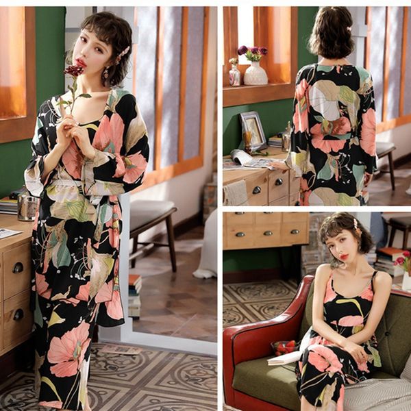 julys song 3 piece spring floral printed pajamas set summer viscose sleepwear women pajamas long pants night suit set, Black;red
julys song 3 piece spring floral printed pajamas set summer viscose sleepwear women pajamas long pants night suit set, Black;red
